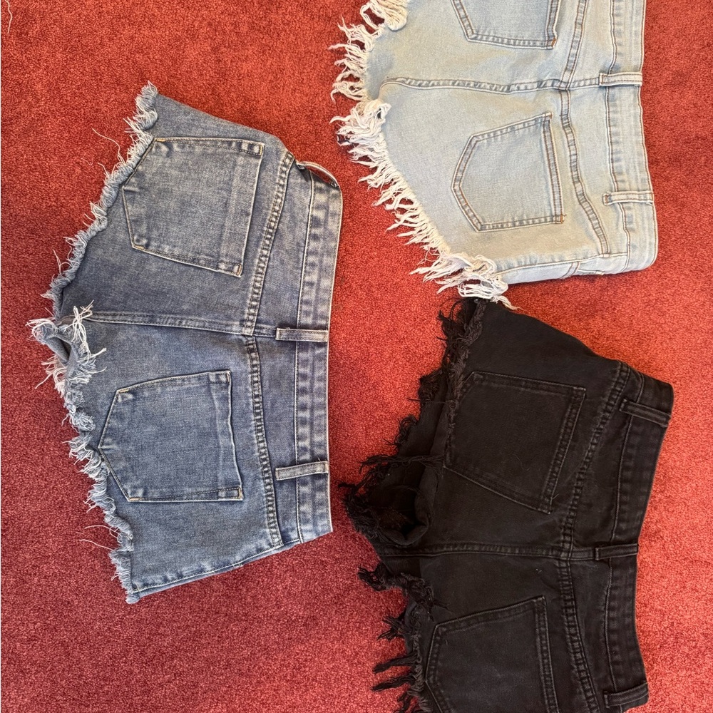 SHEIN High Waist Cheeky Fit Frayed Denim Shorts - Black, Blue, Light Blue